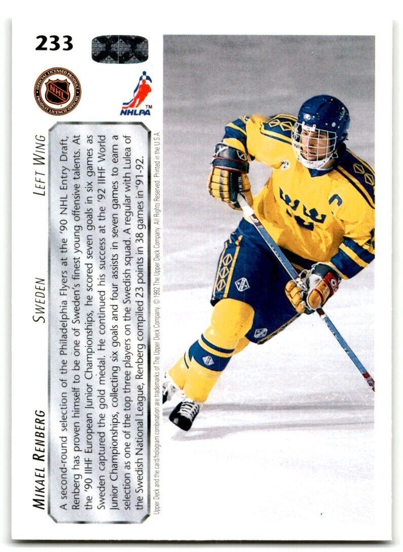 1992-93 Upper Deck Mikael Renberg Rookie Sweden #233