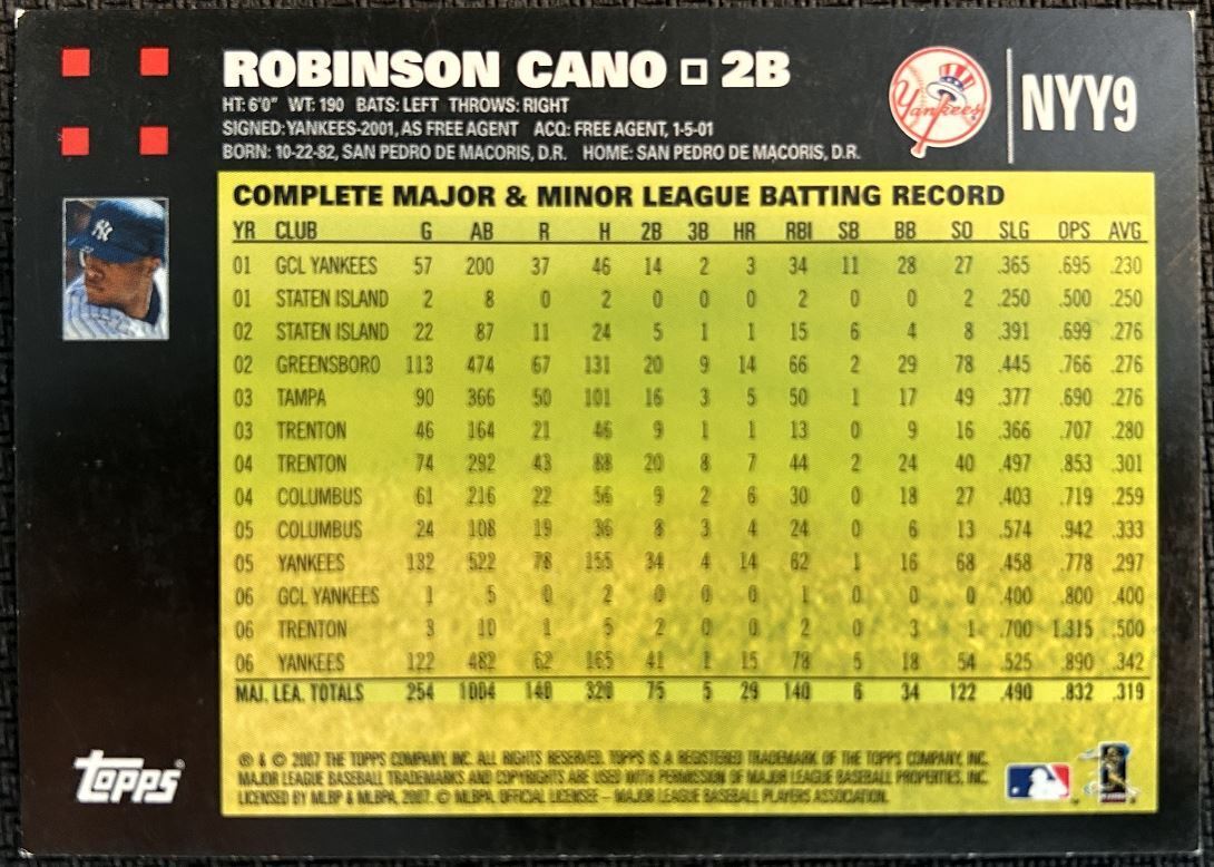 2007 Topps New York Yankees Robinson Cano New York Yankees #NYY9