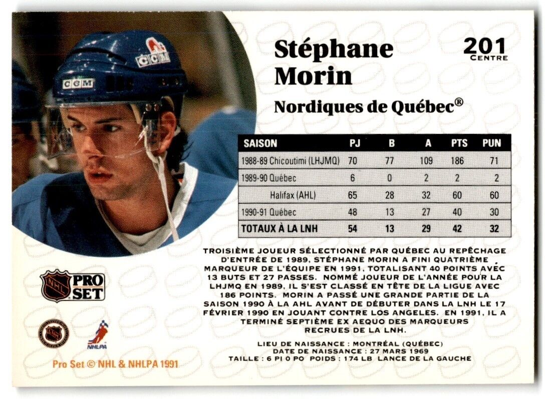 1991-92 Pro Set French Stephane Morin Quebec Nordiques #201