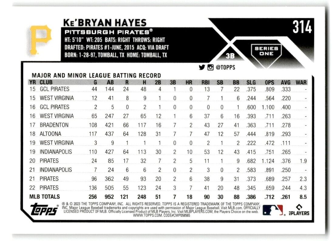 2023 Topps Ke'Bryan Hayes Pittsburgh Pirates #314