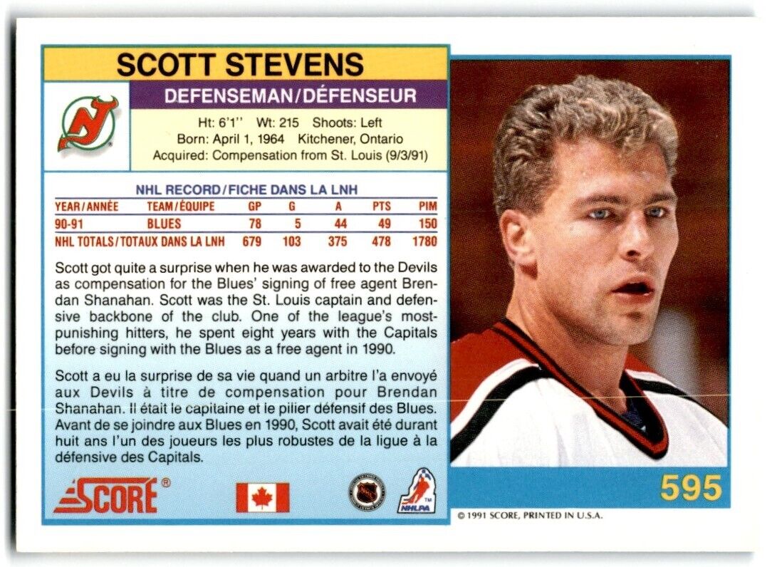 1991-92 Score Canadian Bilingual Scott Stevens New Jersey Devils #595