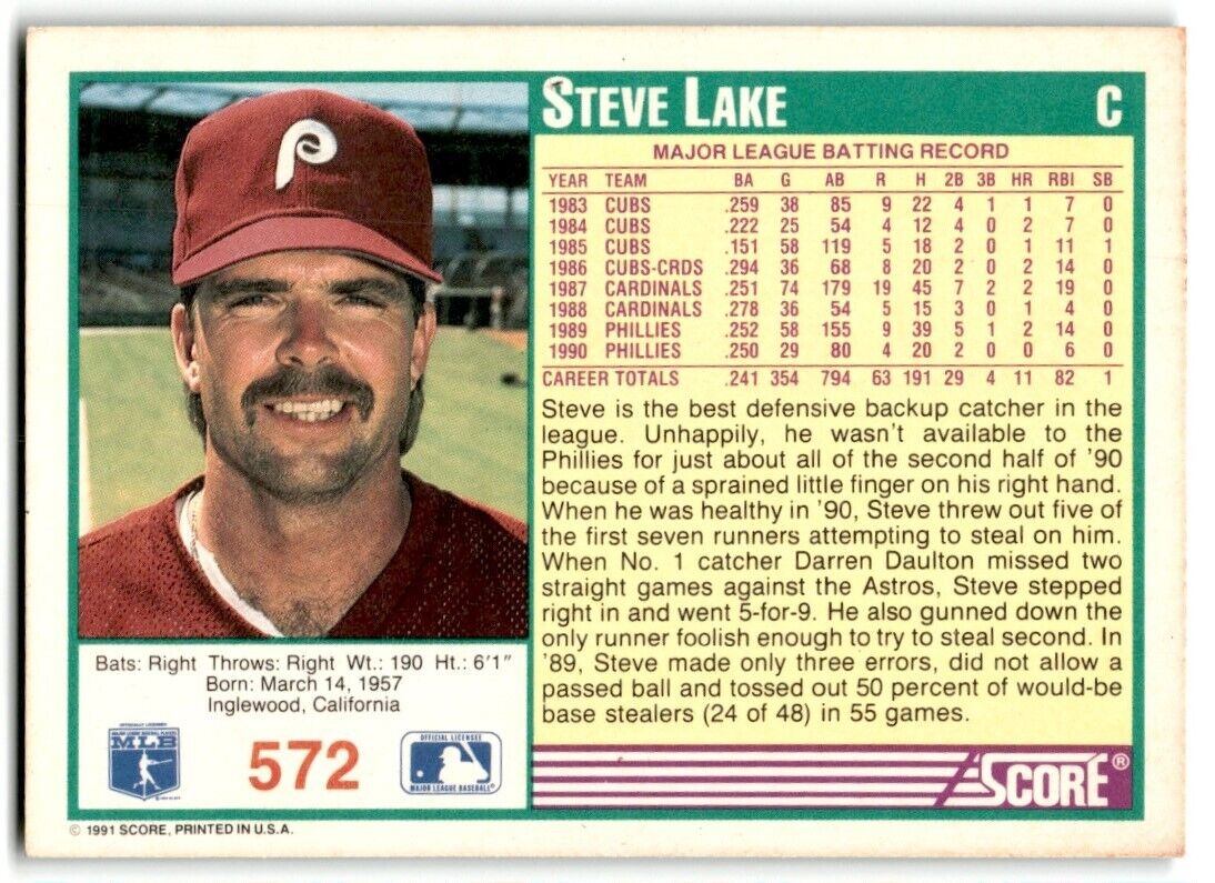 1991 Score Steve Lake Philadelphia Phillies #572