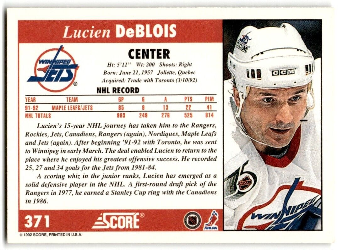 1992-93 Score Lucien Deblois Winnipeg Jets #371