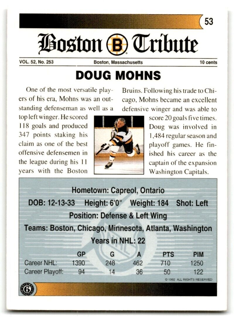 1991-92 Ultimate Original 6 French Doug Mohns Boston Bruins #53