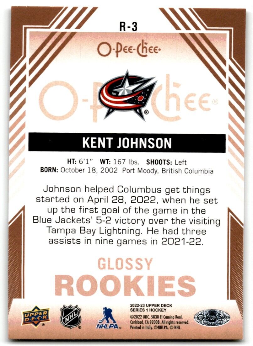 2022-23 Upper Deck O-Pee-Chee Glossy Rookies Kent Johnson Rookie Columbus Blue