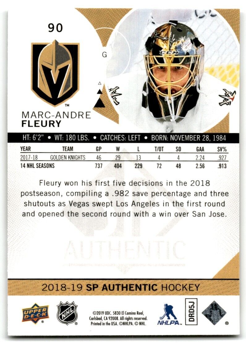 2018-19 SP Authentic Marc-Andre Fleury Vegas Golden Knights #90