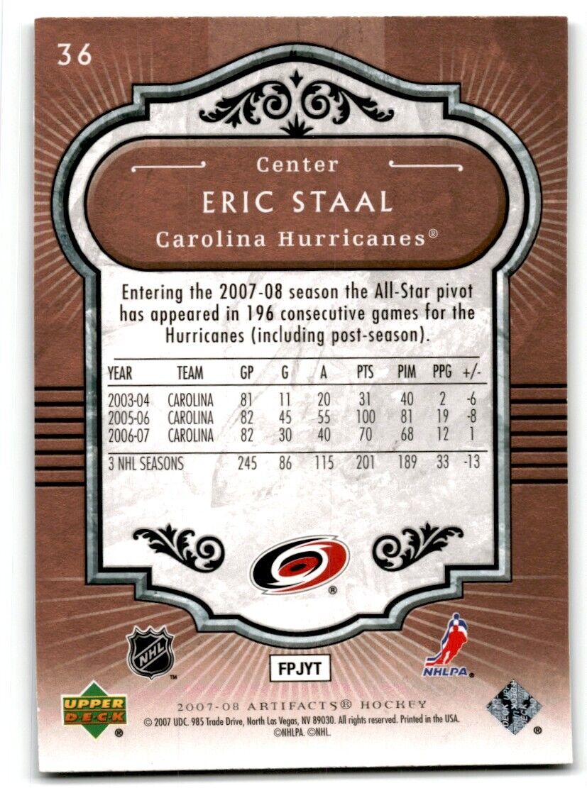 2007-08 Upper Deck Artifacts Eric Staal Carolina Hurricanes #36