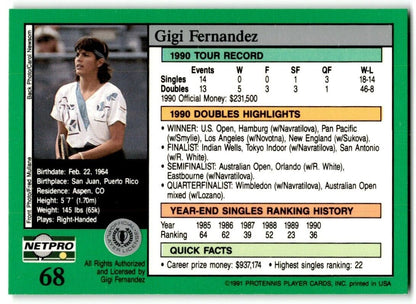 1991 Protennis player Cards Netpro Tour Star Gigi Fernandez #68