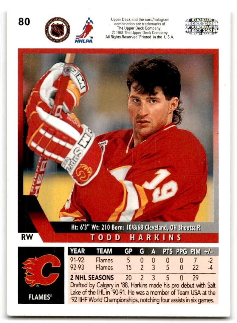 1993-94 Upper Deck Todd Harkins Rookie Calgary Flames #80