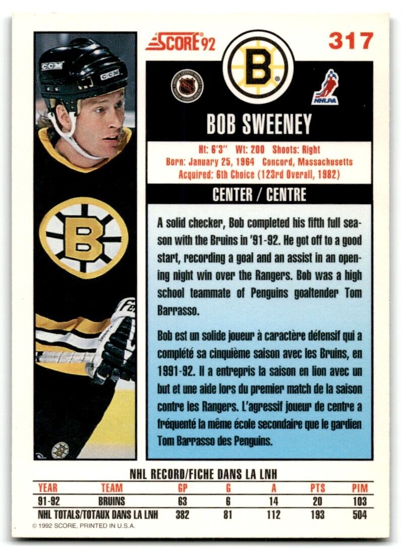 1992-93 Score Canadian Bob Sweeney Boston Bruins #317