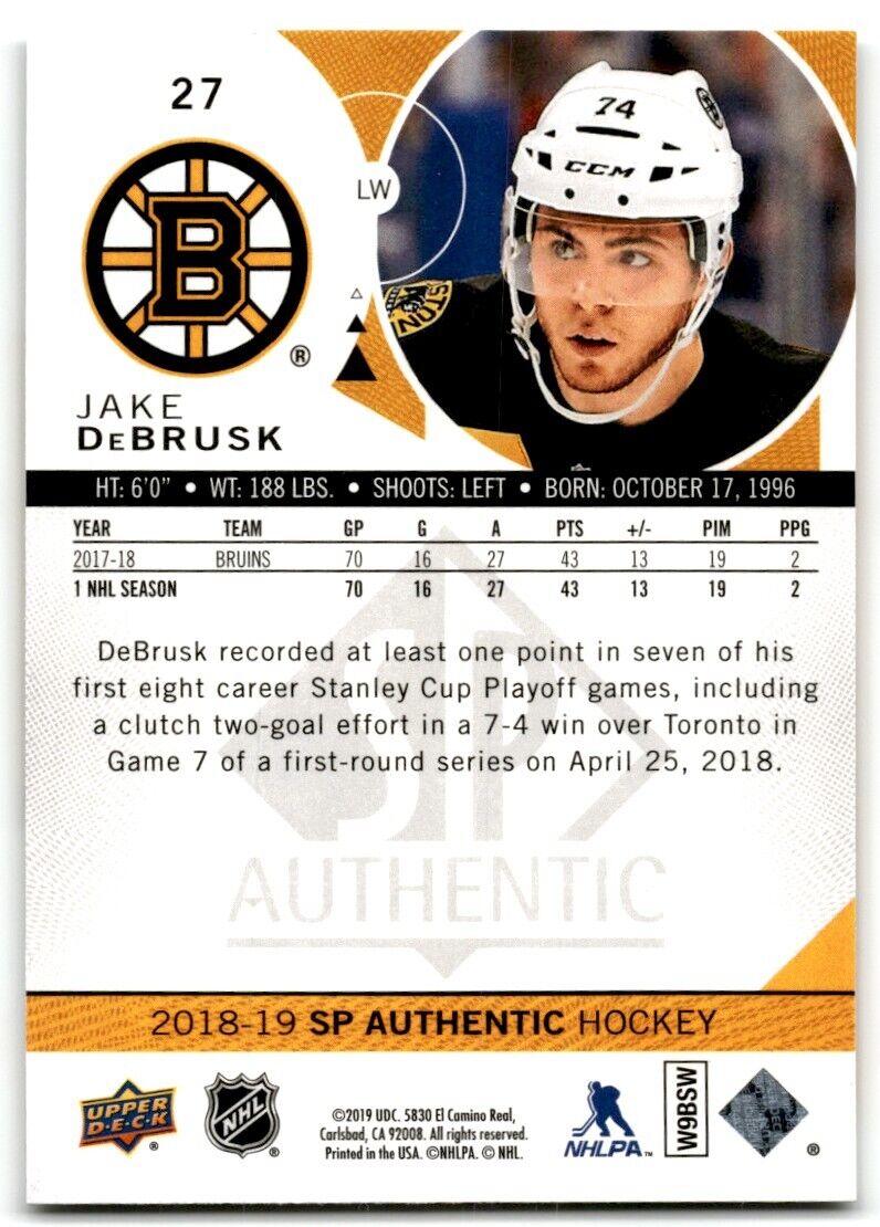 2018-19 SP Authentic Jake DeBrusk Boston Bruins #27