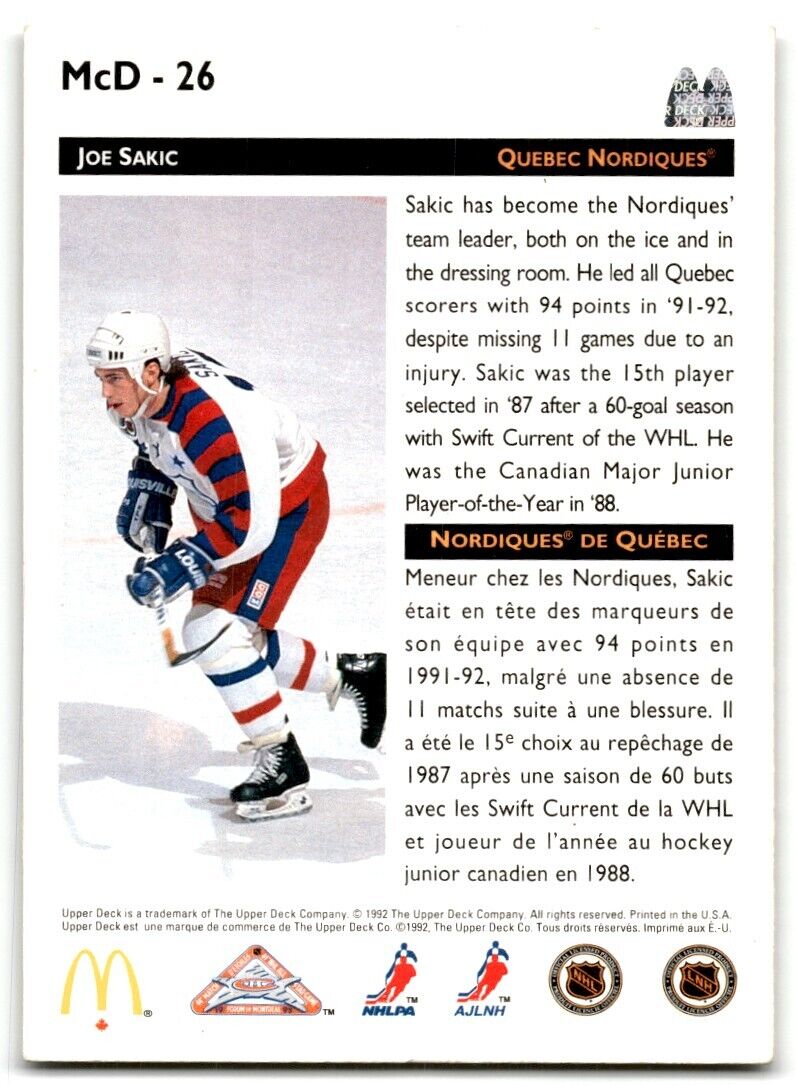 1992-93 Upper Deck McDonald's All-Stars Joe Sakic Quebec Nordiques #MCD-26