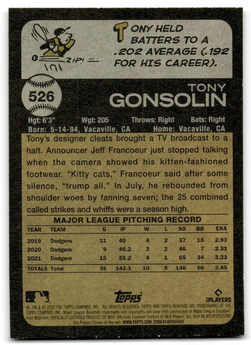 2022 Topps Heritage High Number Tony Gonsolin Los Angeles Dodgers #526