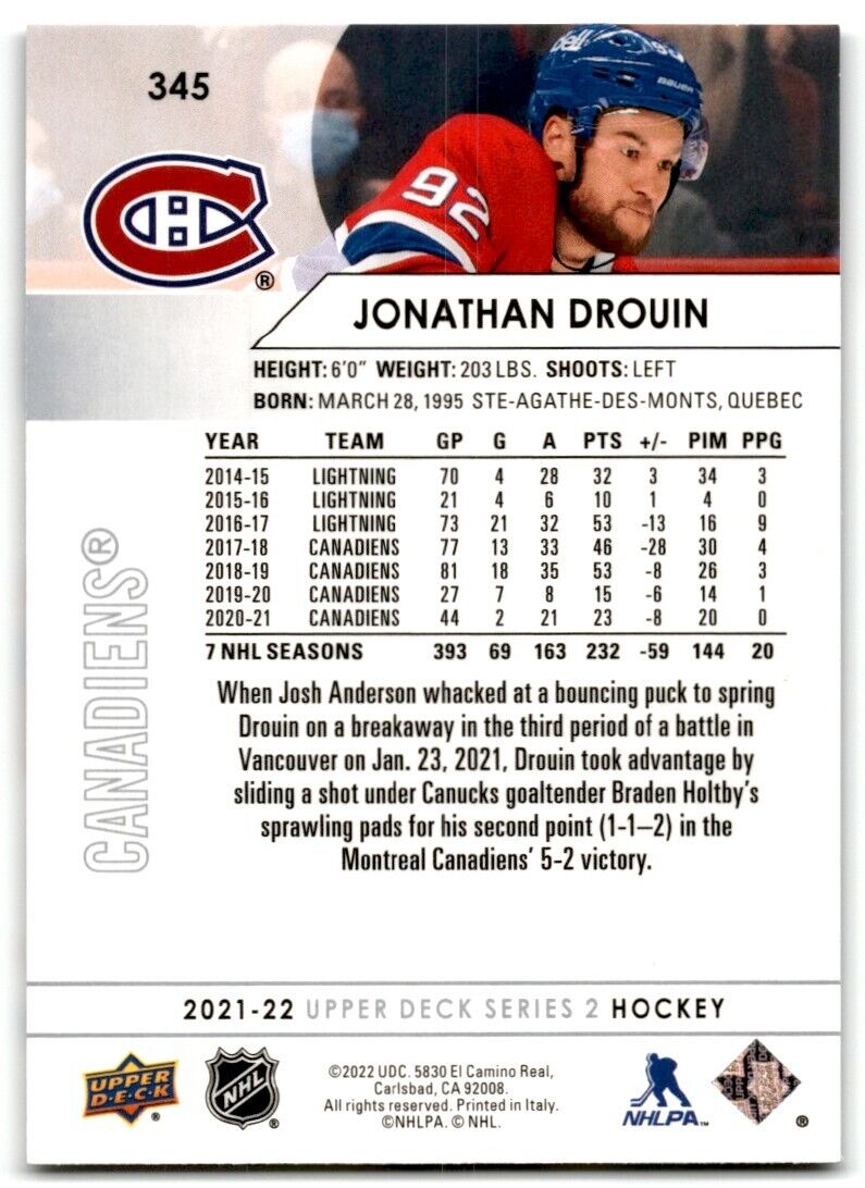 2021-22 Upper Deck Jonathan Drouin Montreal Canadiens #345