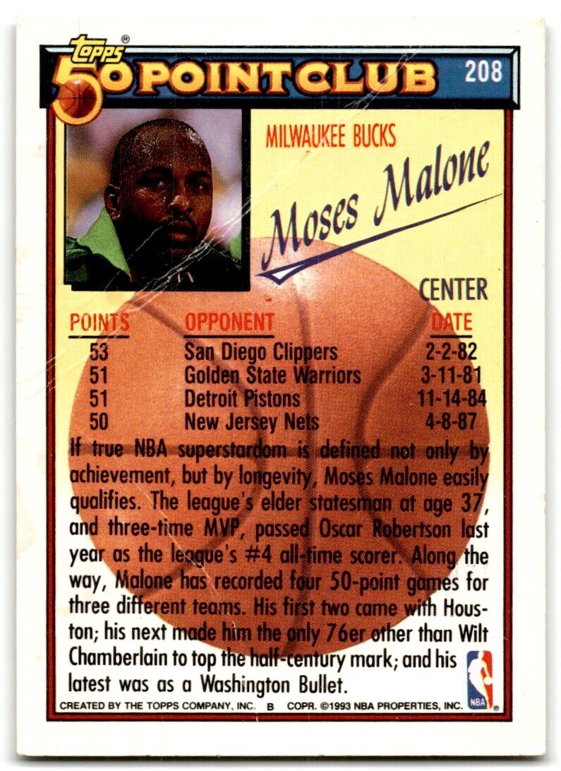 1992-93 Topps 50 point Club Moses Malone Milwaukee Bucks #208