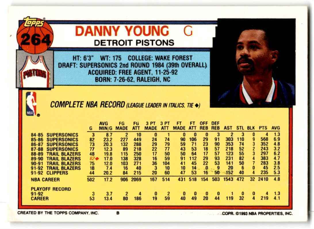 1992-93 Topps Danny Young Detroit Pistons #264