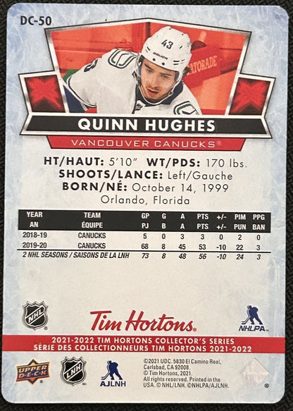 2021-22 Upper Deck Tim Hortons Red Die Cut Quinn Hughes Vancouver Canucks #DC-50