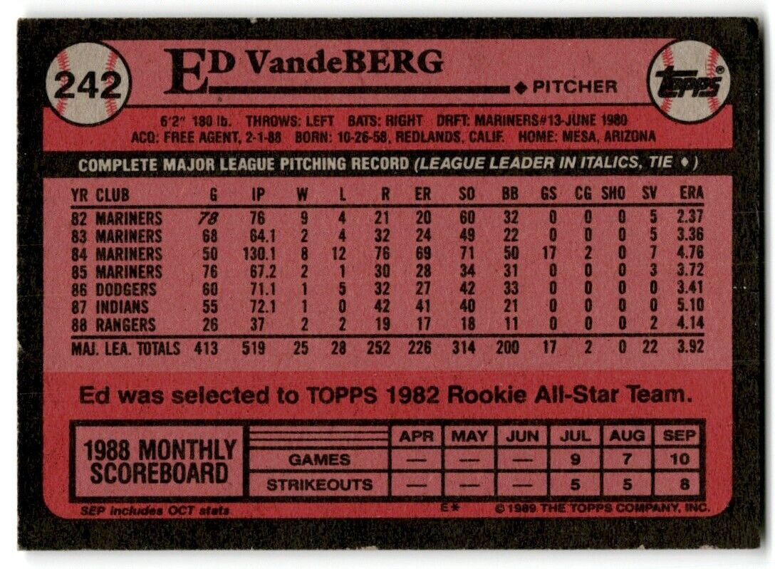 1989 Topps Ed Vande Berg Texas Rangers #242