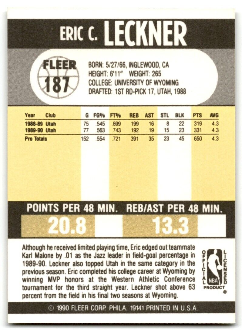 1990-91 Fleer Eric Leckner Sacramento Kings #187