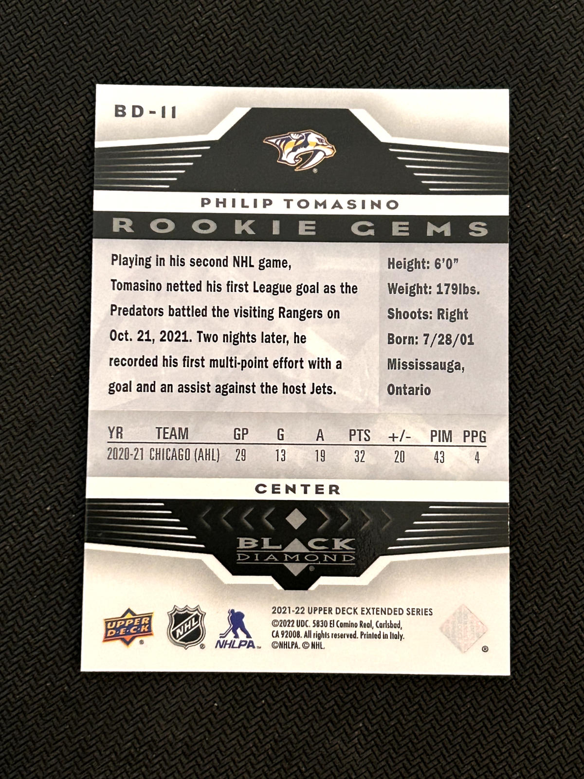 Philip Tomasino 2021-22 Upper Deck '05-06 Black Diamond Retro #BD11 Rookie Gems