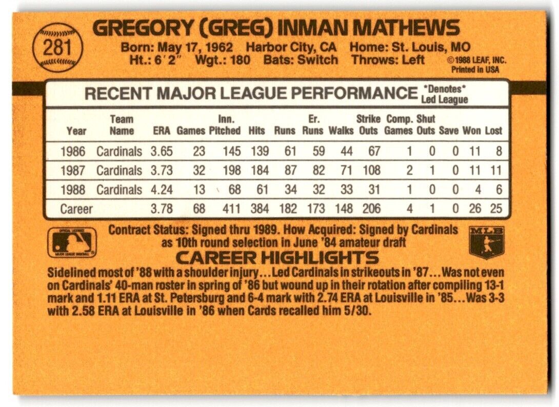 1989 Donruss Greg Mathews St. Louis Cardinals #281