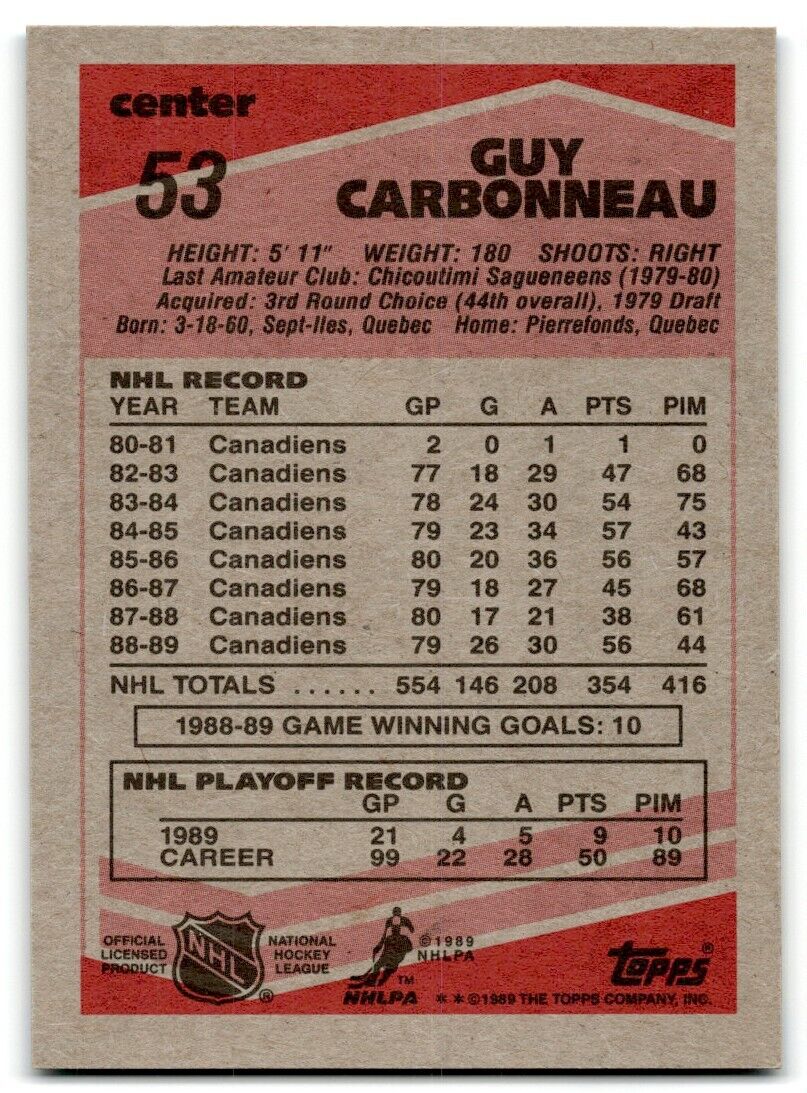 1989-90 Topps Guy Carbonneau Montreal Canadiens #53