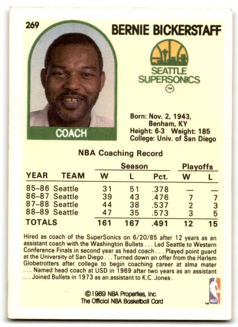 1989-90 Hoops Bernie Bickerstaff Seattle SuperSonics #269