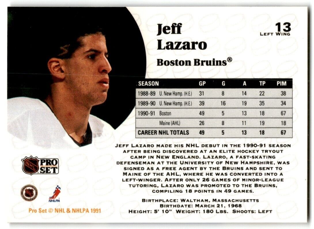 1991-92 Pro Set Jeff Lazaro Rookie Boston Bruins #13