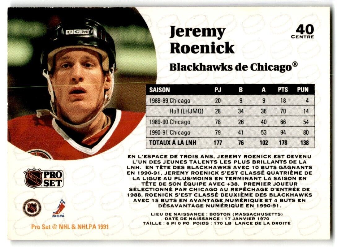 1991-92 Pro Set Jeremy Roenick Chicago Blackhawks #40