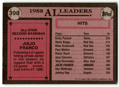 1989 Topps Julio Franco Cleveland Indians #398