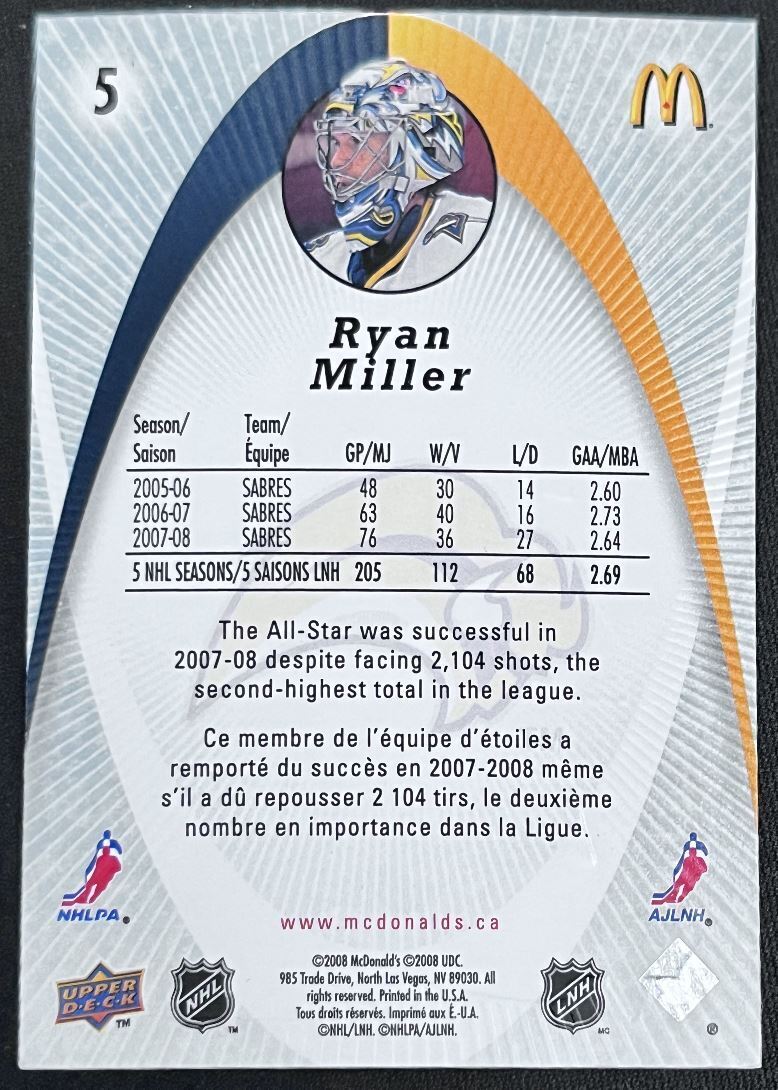 2008-09 McDonald's Upper Deck Ryan Miller Buffalo Sabres #5