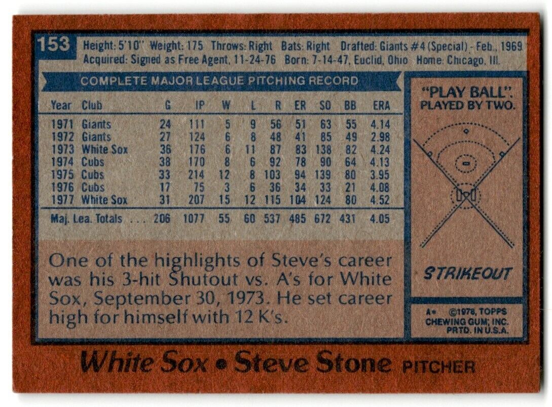 1978 Topps Steve Stone Chicago White Sox #153