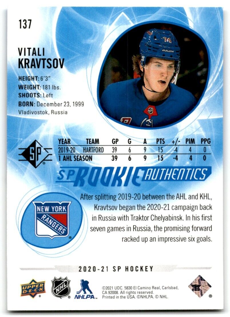 2020-21 Upper Deck Rookie SP Authentic Vitali Kravtsov Rookie New York Rangers