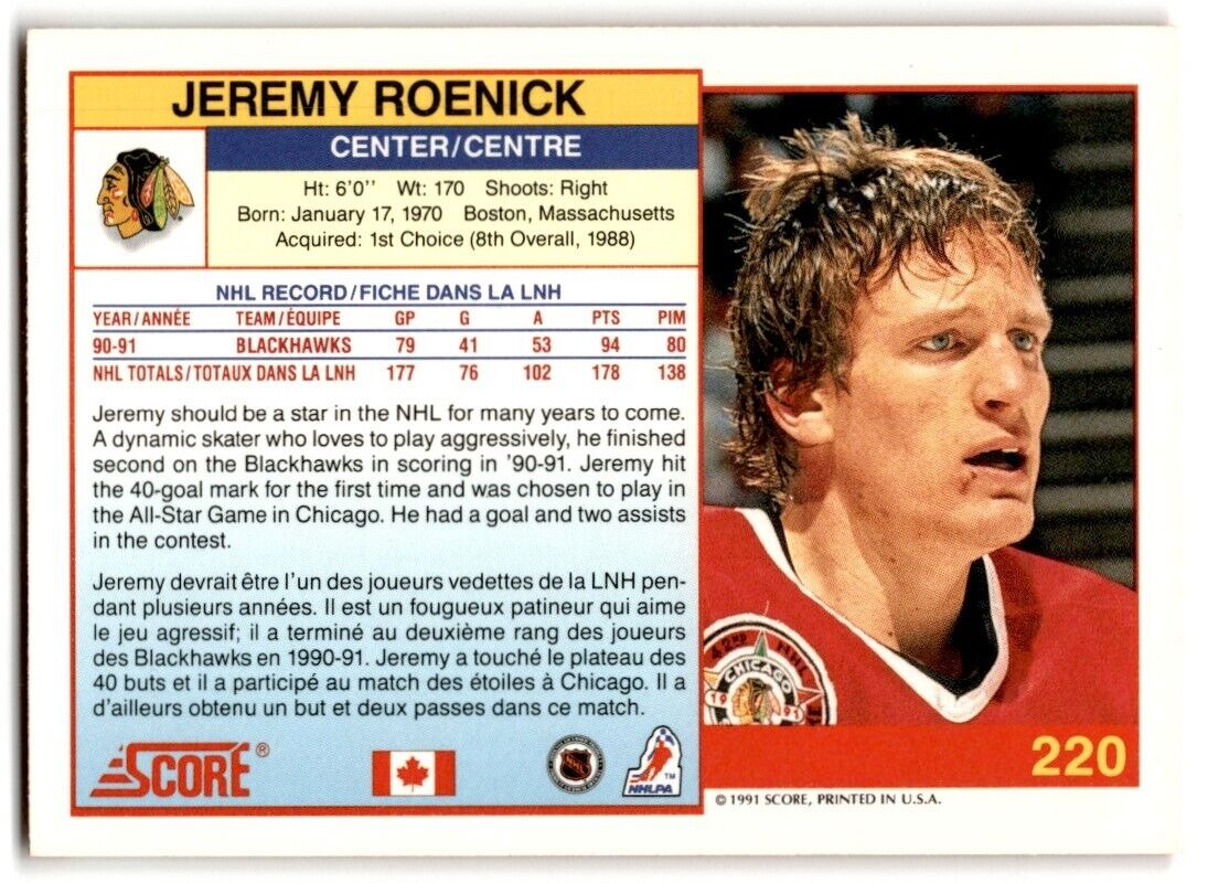 1991-92 Score American Jeremy Roenick Chicago Blackhawks #220