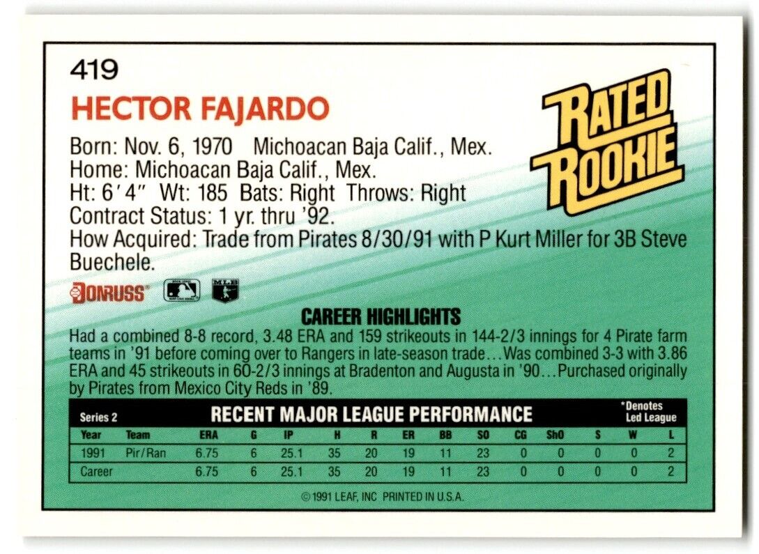 1992 Donruss Hector Fajardo Rookie Texas Rangers #419