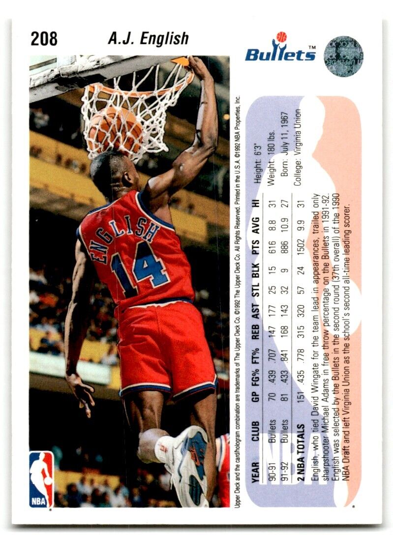 1992-93 Upper Deck A.J. English Washington Bullets #208