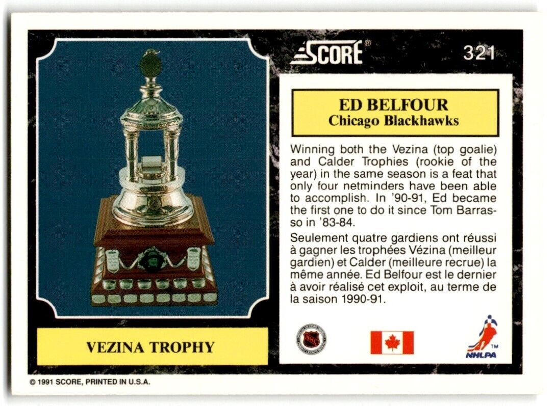 1991-92 Score Canadian Bilingual Ed Belfour (Vezina Trophy) Chicago Blackhawks