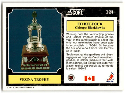 1991-92 Score Canadian Bilingual Ed Belfour (Vezina Trophy) Chicago Blackhawks