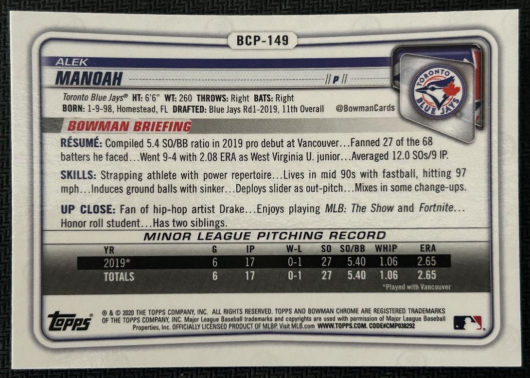 2020 Bowman Chrome Prospects Alek Manoah Toronto Blue Jays #BCP-149