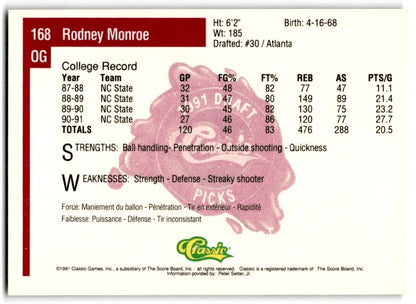 1991-92 Classic Rodney Monroe Rookie NC State Wolfpack #168