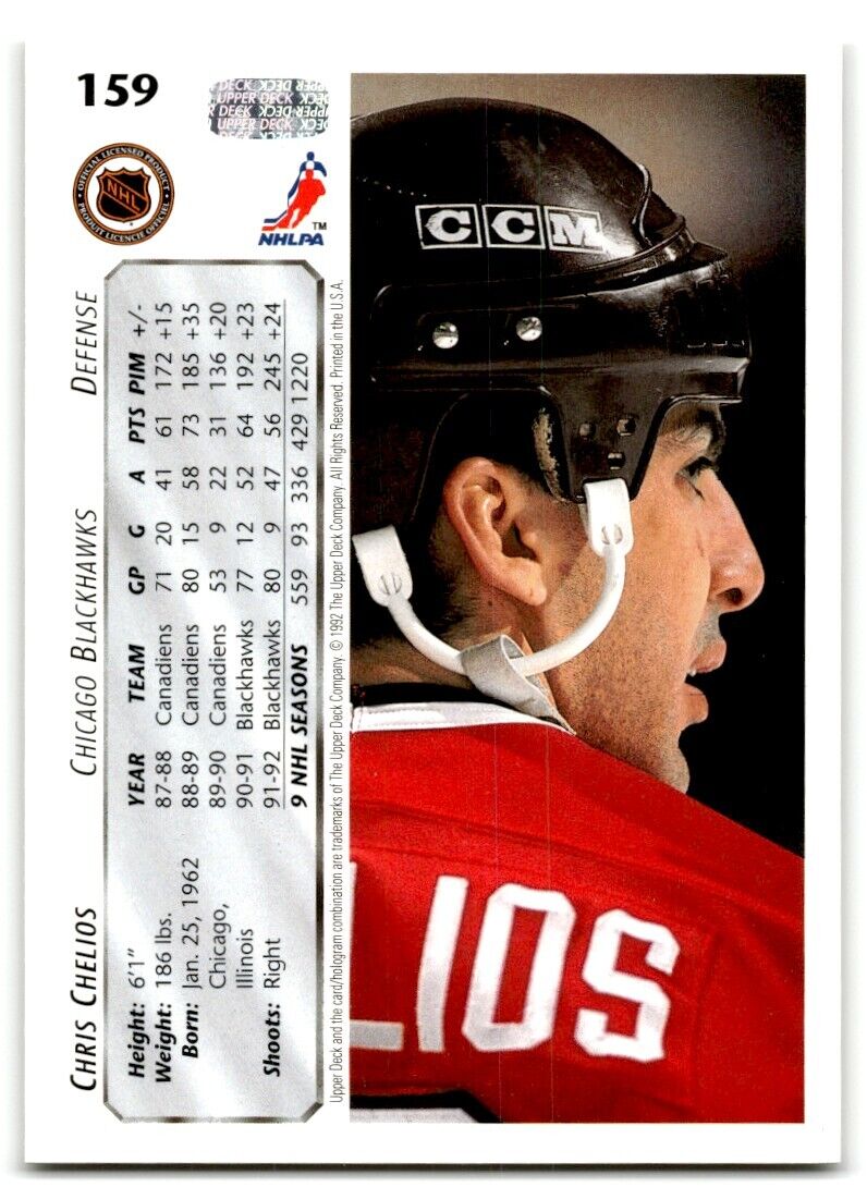 1992-93 Upper Deck Chris Chelios Chicago Blackhawks #159