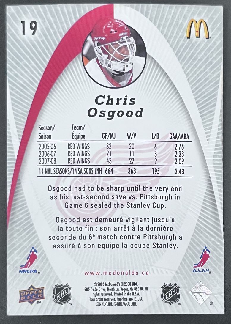 2008-09 McDonald's Upper Deck Chris Osgood Detroit Red Wings #19