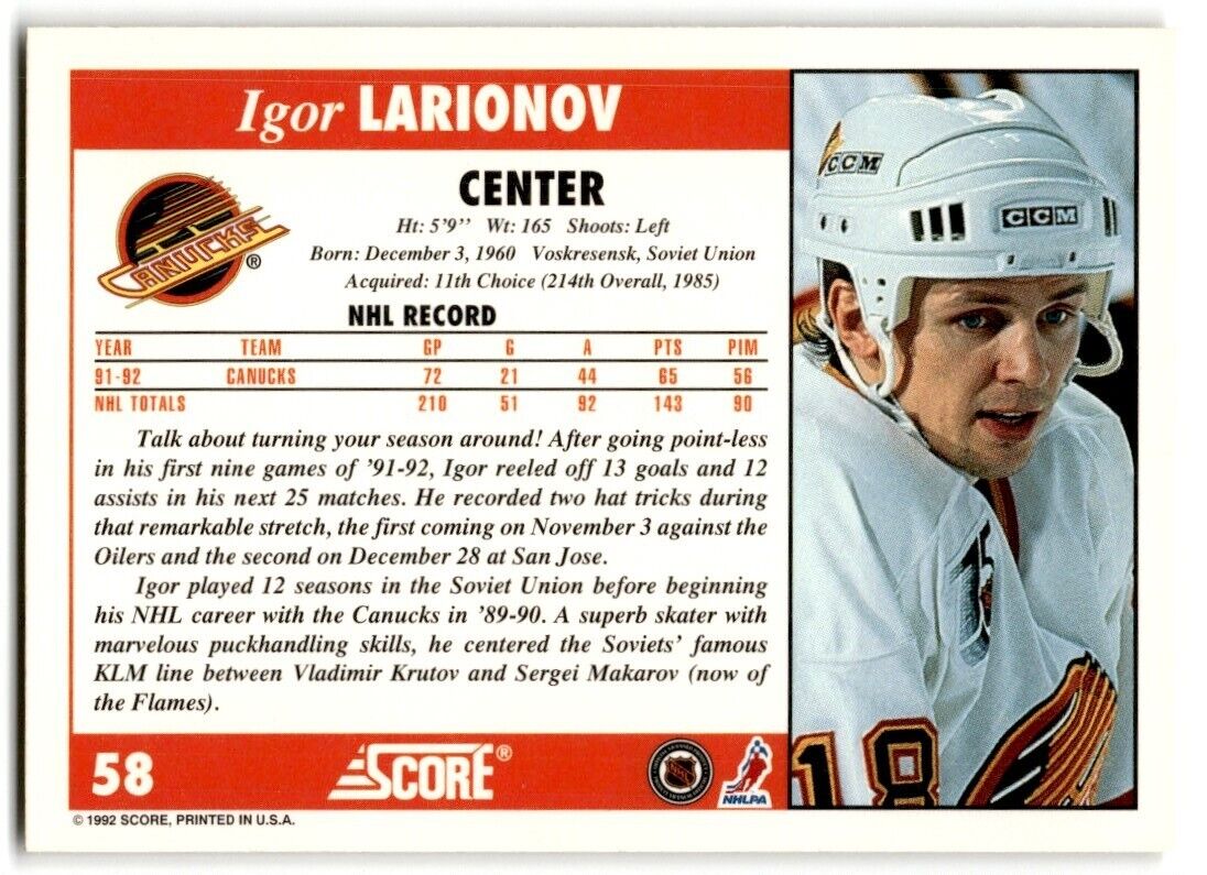 1992-93 Score Igor Larionov Vancouver Canucks #58