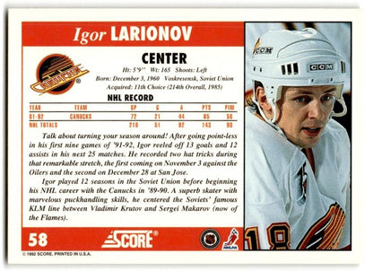 1992-93 Score Igor Larionov Vancouver Canucks #58