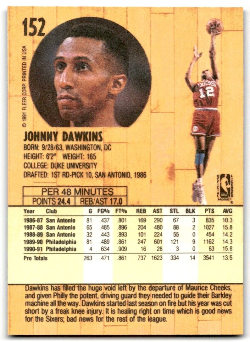 1991-92 Fleer Johnny Dawkins Philadelphia 76ers #152