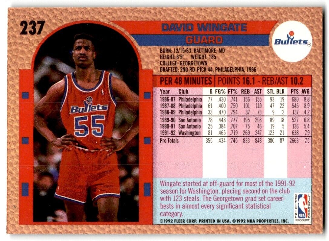 1992-93 Fleer David Wingate Washington Bullets #237