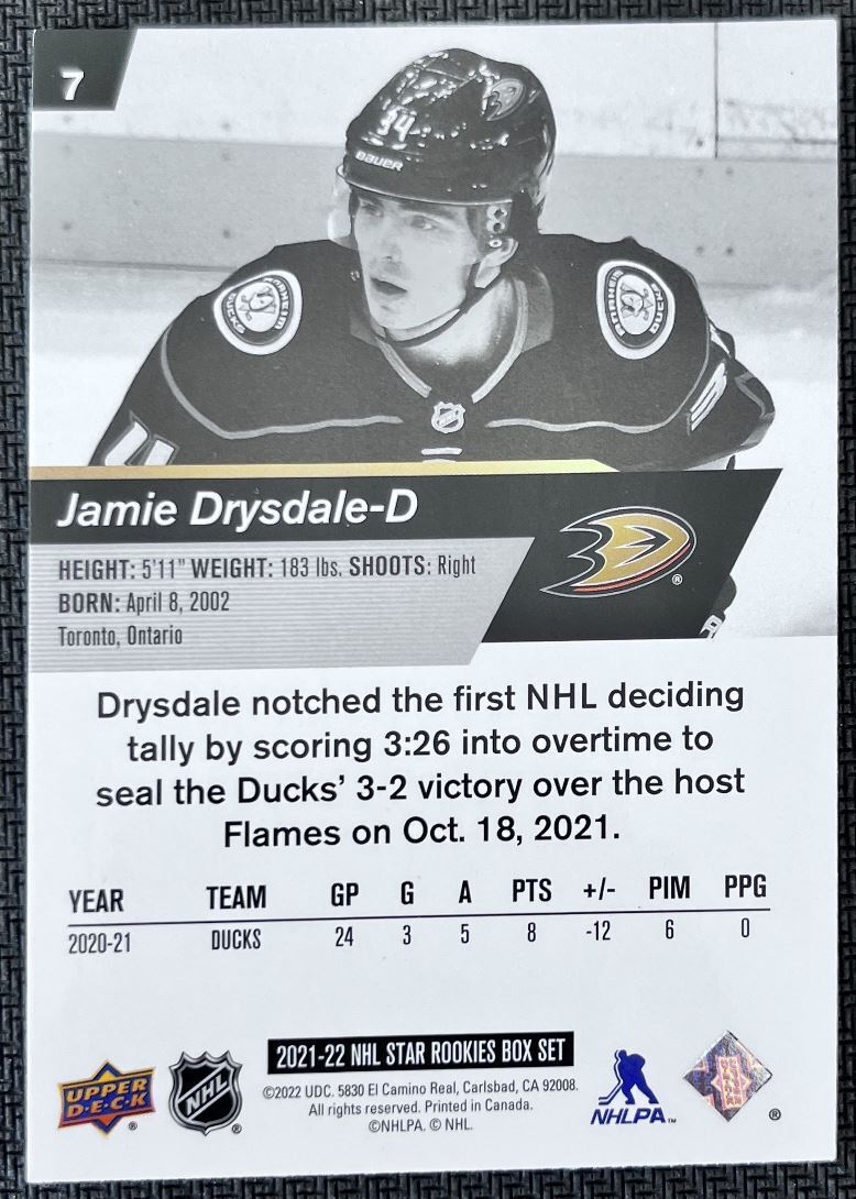 2021-22 Upper Deck NHL Star Rookie Jamie Drysdale Rookie Anaheim Ducks #7