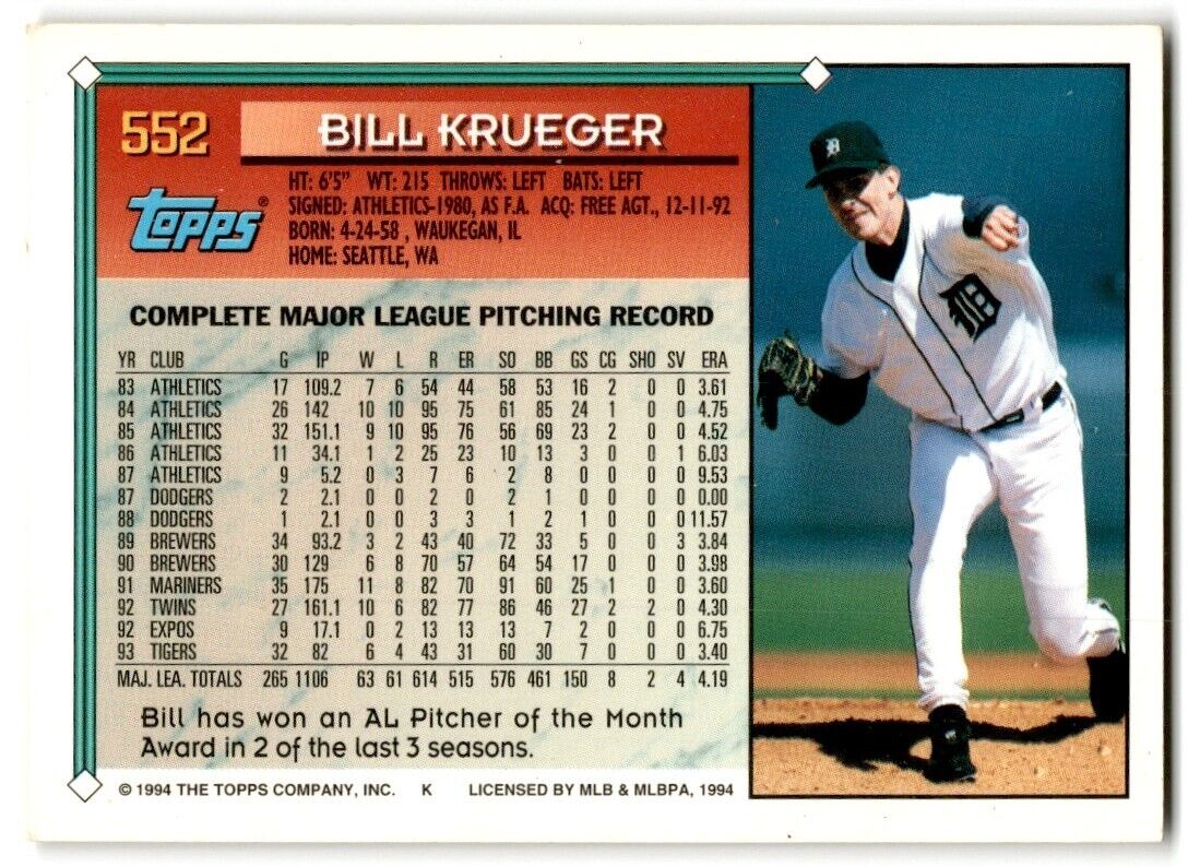 1994 Topps Bill Krueger Detroit Tigers #552