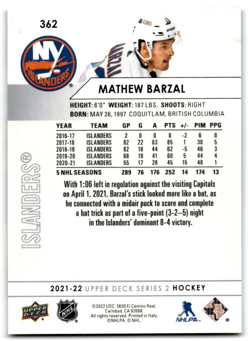 2021-22 Upper Deck Mathew Barzal New York Islanders #362