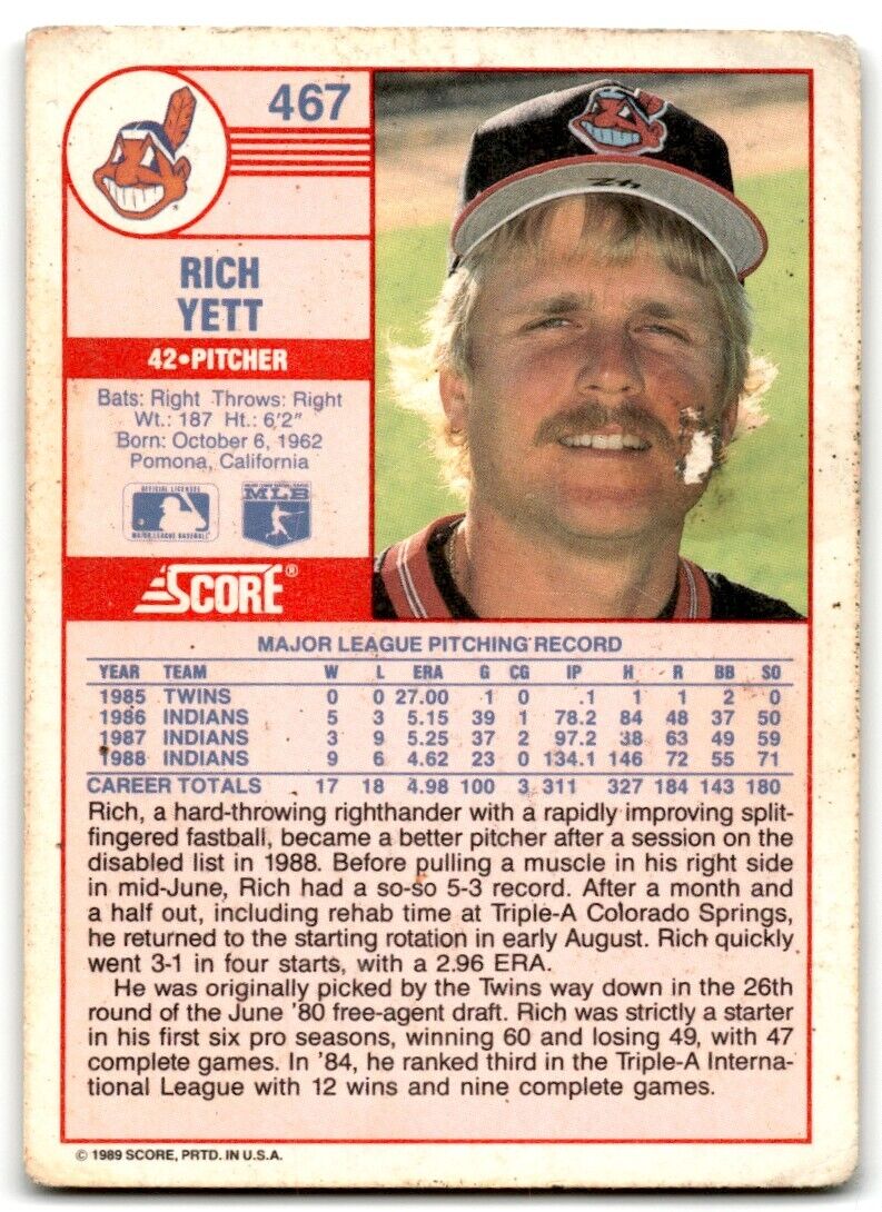 1989 Score Rich Yett Cleveland Indians #467